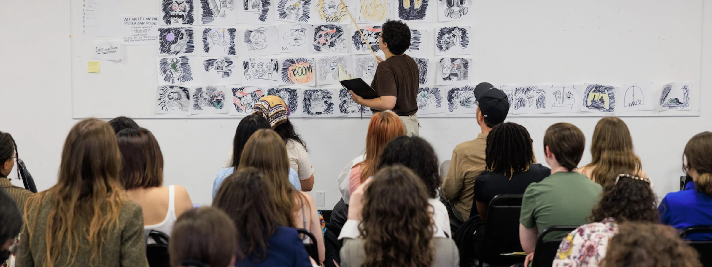 A student presents during Animation Pitch Day during a CalArts Extended Studies course.