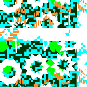 Abstract image with teal and dark green checkered background, white starbursts, bright green blobs, and orange vertical lines.