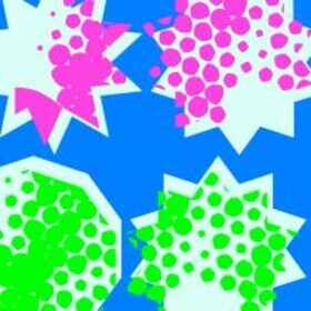 Abstract graphic with white starbursts filled with pink and green dots on a blue background. No text is present.