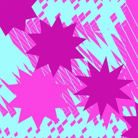 Abstract image with overlapping purple and pink starbursts over a blue and pink patterned background.