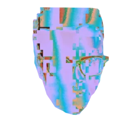 Abstract digital artwork of a face made up of multicolored pixel blocks with prominent blues, purples, and oranges.