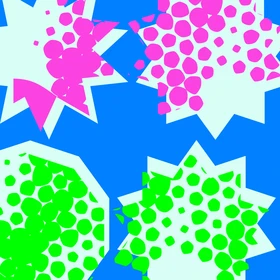 Abstract pattern with pastel blue starbursts filled with pink and green dots on a blue background.
