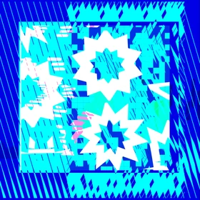 Abstract design with white and pink star-like shapes on a blue background featuring grid patterns and diagonal stripes.