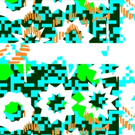 Abstract design with teal and black grid background, featuring white star shapes, green organic forms, and orange lines.