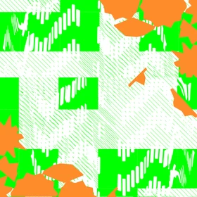 Abstract design with orange leaf-like shapes on a bright green background featuring geometric patterns and dynamic white lines.