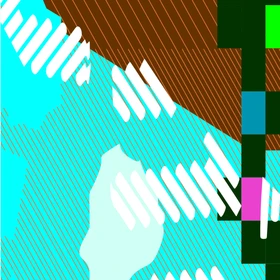 Abstract geometric artwork with cyan and brown fields, diagonal orange lines, white rounded shapes, and overlapping green, teal, and magenta blocks.