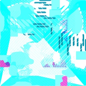 Abstract geometric collage in cyan, turquoise, white, dark teal, and magenta with layered shapes, diagonal lines, grids, and bars.