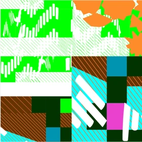 Abstract geometric collage of brightly colored blocks, diagonal stripes, irregular orange shapes, and white rounded bars.