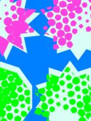 Abstract graphic with white starbursts filled with pink and green dots on a blue background. No text is present.