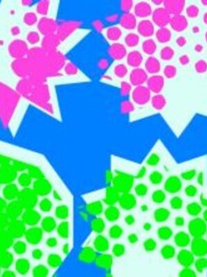 Abstract graphic with white starbursts filled with pink and green dots on a blue background. No text is present.