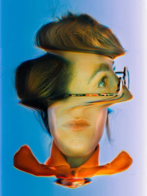 Abstract distorted portrait of a person with glasses against a blue background.