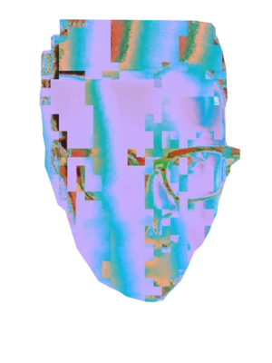 Abstract digital artwork of a face made up of multicolored pixel blocks with prominent blues, purples, and oranges.