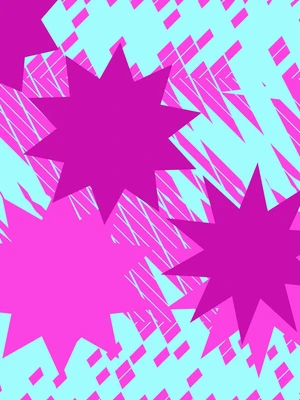Abstract design with bold pink starbursts on a light blue background, featuring angular stripes for added texture.