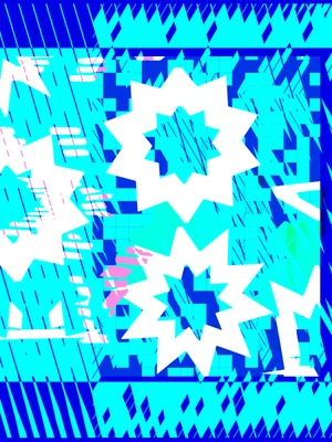 Abstract design with white and pink star-like shapes on a blue background featuring grid patterns and diagonal stripes.