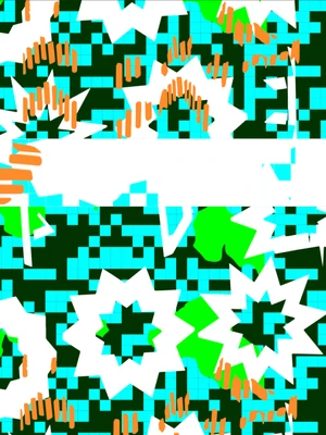 Abstract design with teal and black grid background, featuring white star shapes, green organic forms, and orange lines.