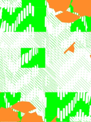 Abstract design with orange leaf-like shapes on a bright green background featuring geometric patterns and dynamic white lines.