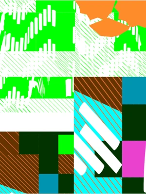 Abstract composition with vibrant colors and geometric patterns, featuring green, orange, brown, and turquoise segments arranged in overlapping shapes.
