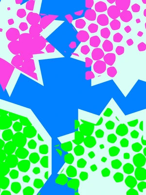 Abstract graphic with colorful star shapes on a blue background, featuring pink and green circles.