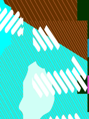 Abstract geometric artwork with cyan and brown fields, diagonal orange lines, white rounded shapes, and overlapping green, teal, and magenta blocks.