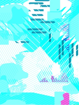 Abstract composition of overlapping cyan, turquoise, white, teal, blue, and magenta geometric shapes and diagonal patterns.