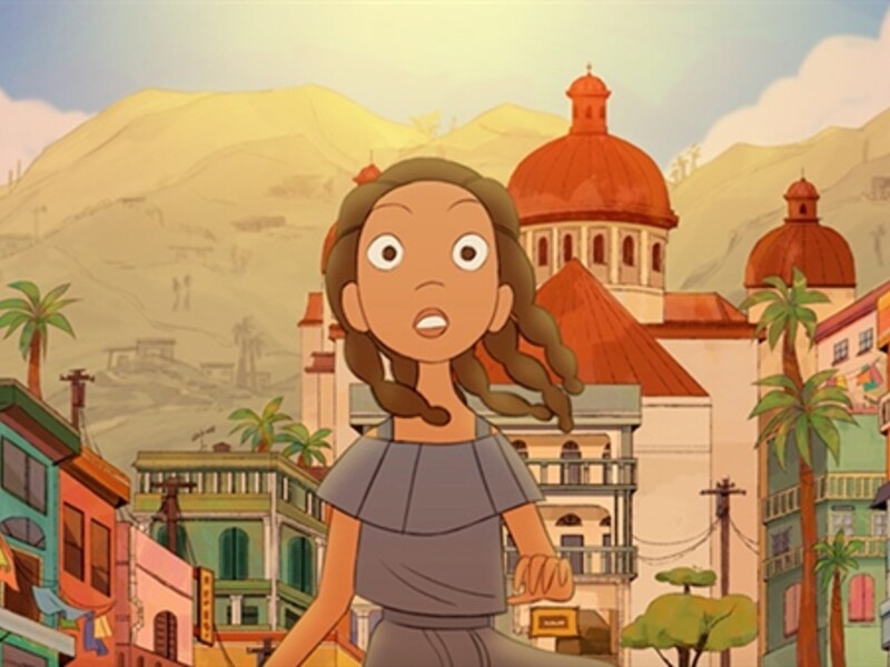 cartoon character girl standing in the old town