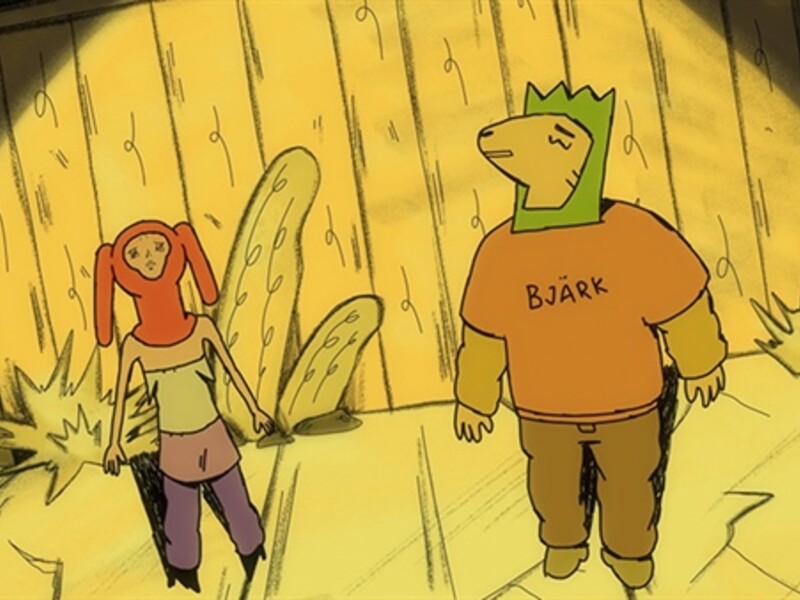 2 cartoon characters wearing llama masks standing in front of a wooden fence