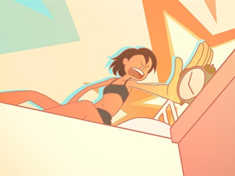 cartoon girl running and hitting alarm clock