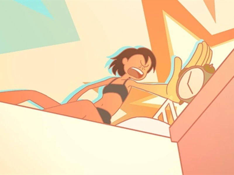 cartoon girl running and hitting alarm clock