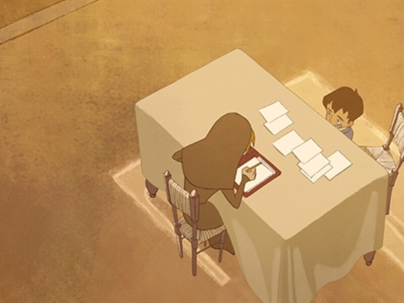 2 cartoon characters at a table facing each other