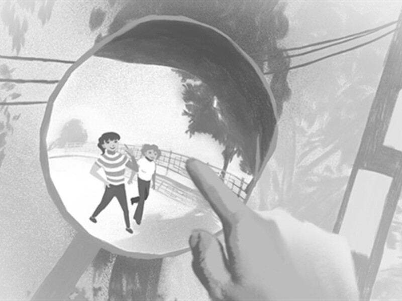 2 cartoon characters walking in the reflection of a side mirror of a car