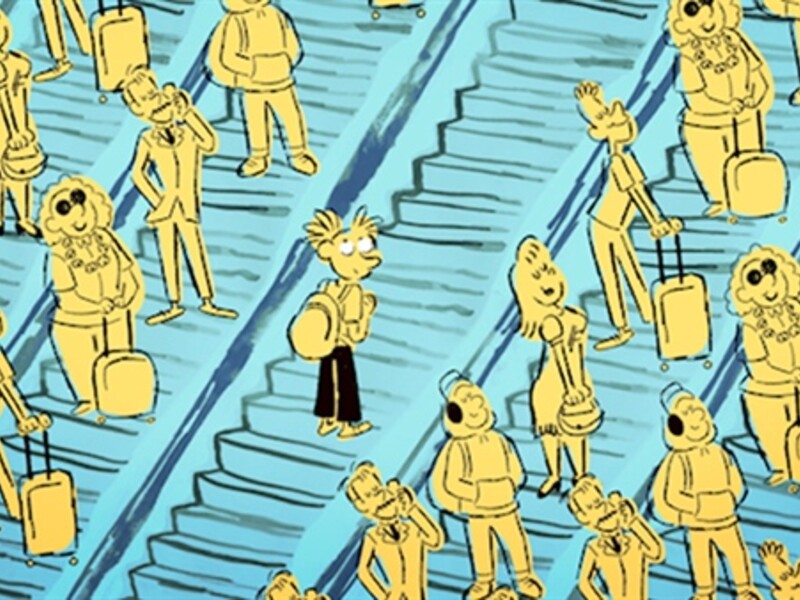 bunch of cartoon people on escalators with one figure in between lanes of pedestrians