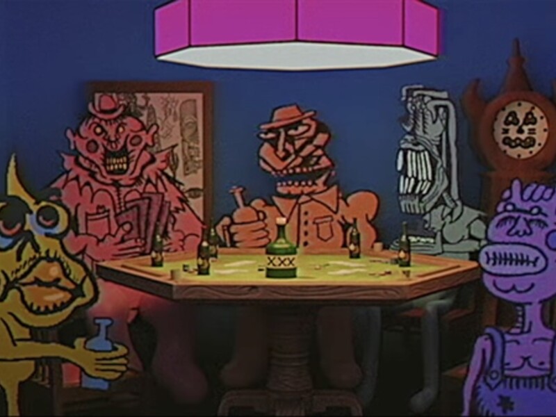 Animation of several characters gathered around a table drinking and playing cards