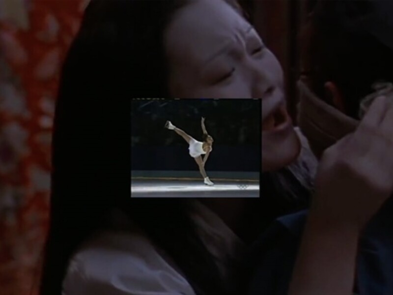 Women in background with a small center image of a person figure skating