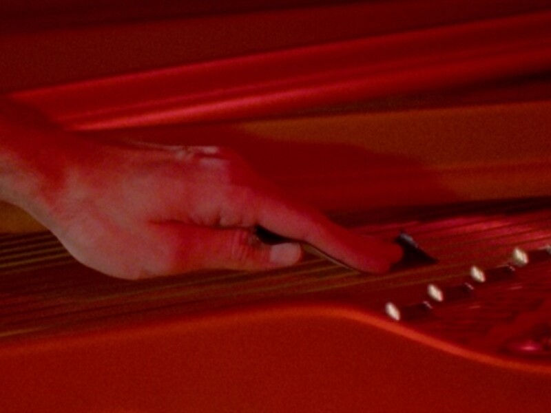 Image of a person's hand on the strings of an instrument