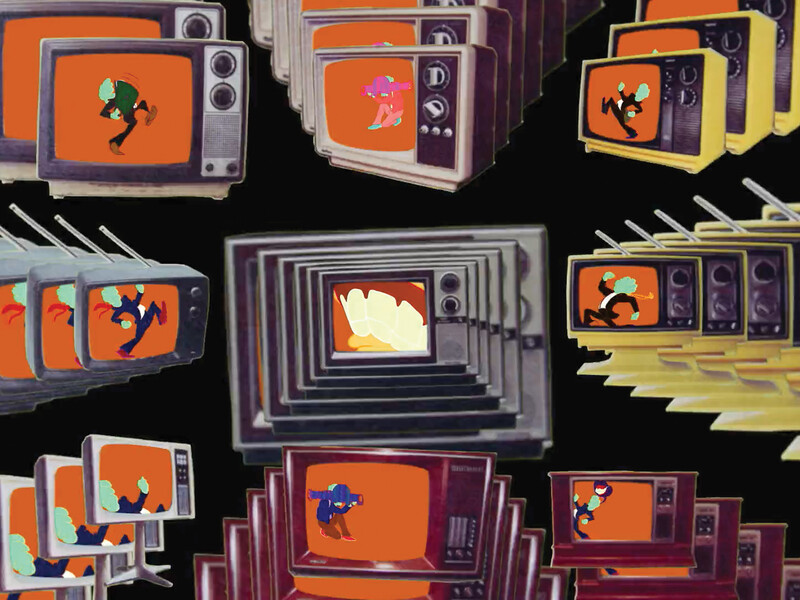 Illustration of vintage TV sets in motion on a black background