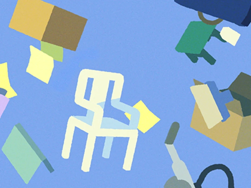 Abstract illustration of a white chair, cardboard box, vacuum cleaner, and scattered colorful rectangles against a blue background.
