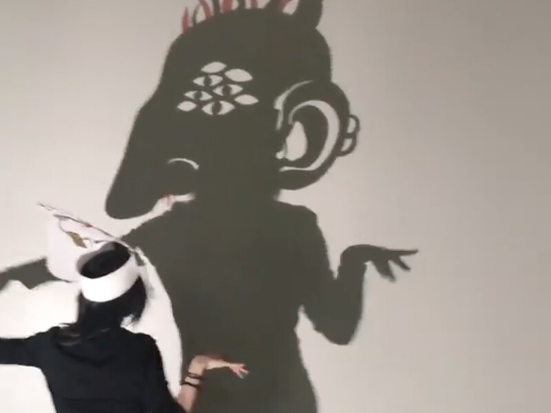 A person creating a character through a shadow reflected on the wall