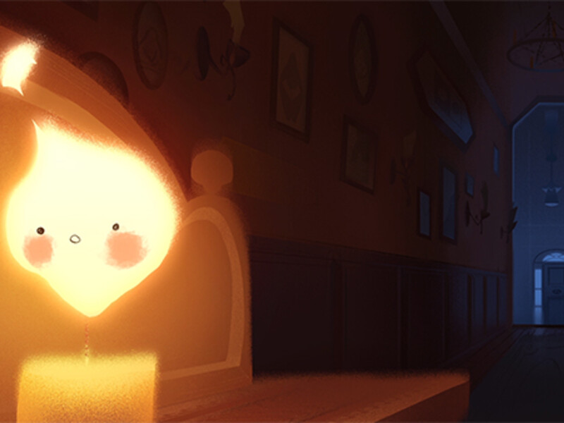 Small glowing anthropomorphic flame in a dark hallway with framed pictures.