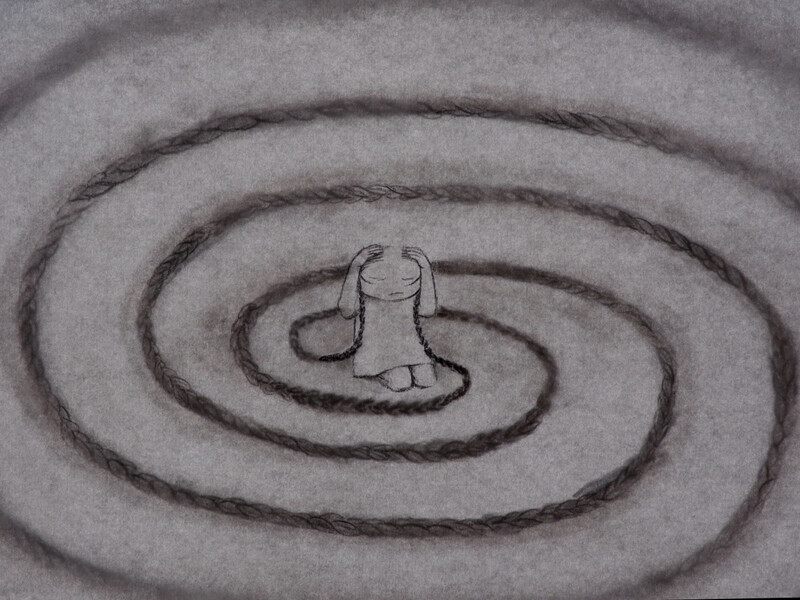 dark swirl in pencil going to a stuffed animal rabbit