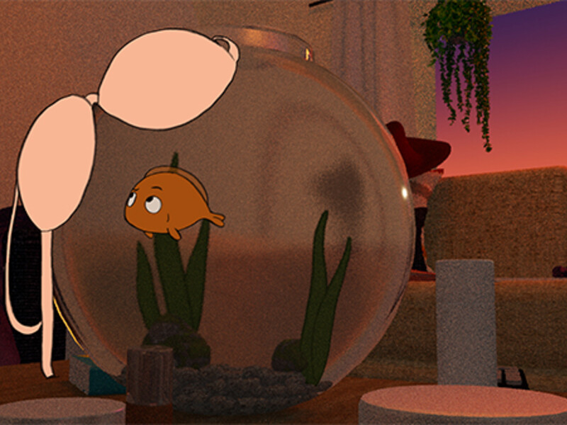 Cartoon fish in a bowl with glasses on it, in a cozy living room at dawn or dusk.