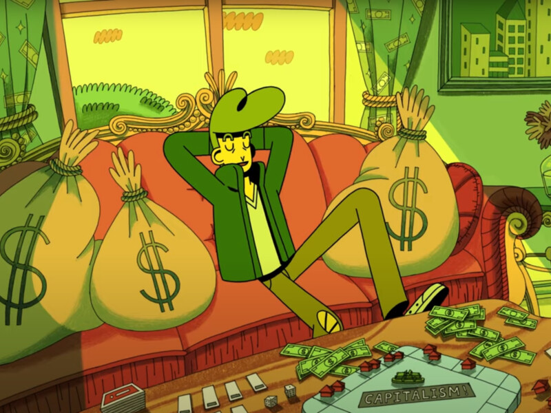 cartoon man sitting on a couch with large bags of money