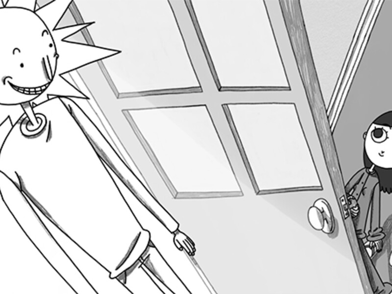 Black-and-white illustration of a sun-headed figure and a smaller character peeking from behind an open door with four square windows.