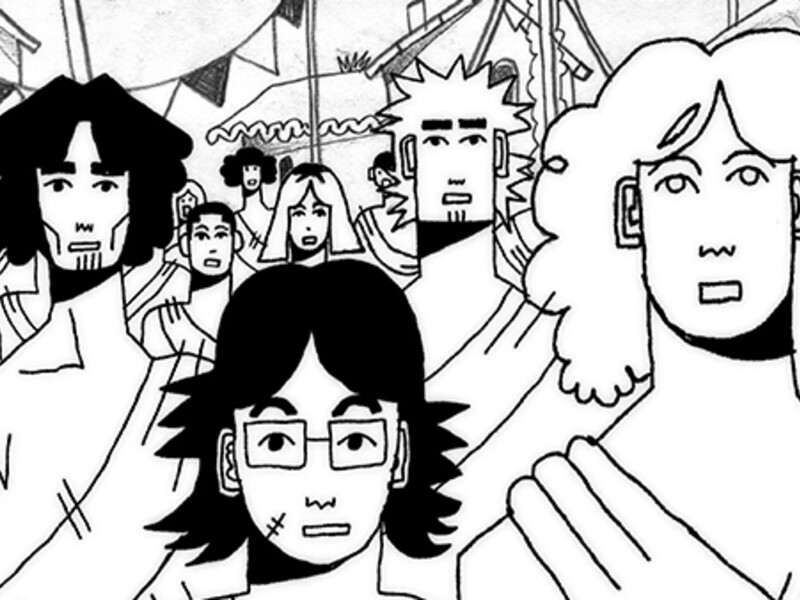 Black-and-white line drawing of a crowd with three prominent characters in the foreground.