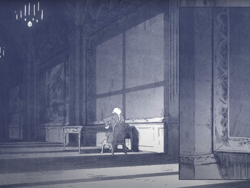 cartoon man in renaissance time sits in a chair waiting with light shining through tall windows. dark scene. 