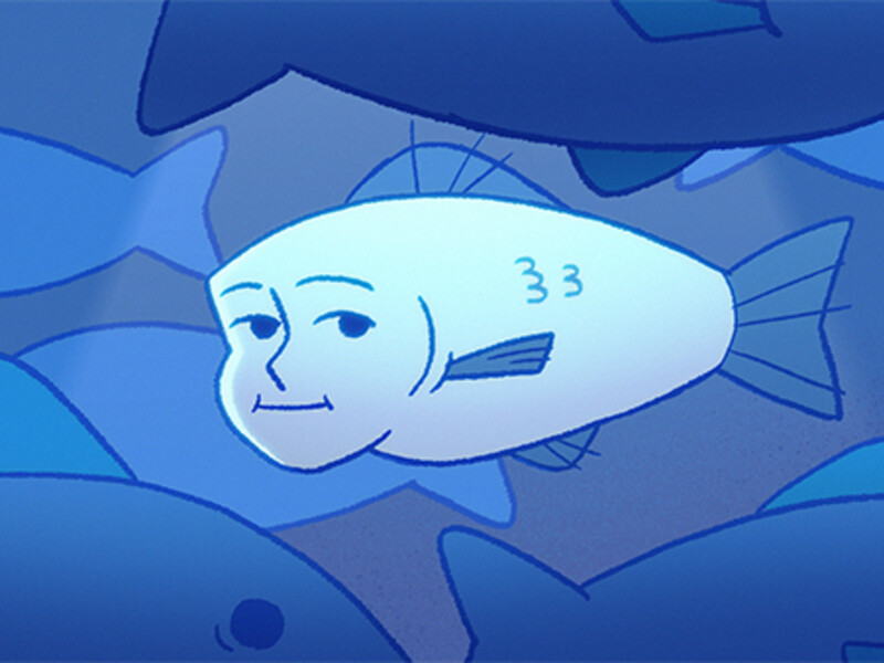 A white fish with a human face and number "33" on its side surrounded by blue fish.