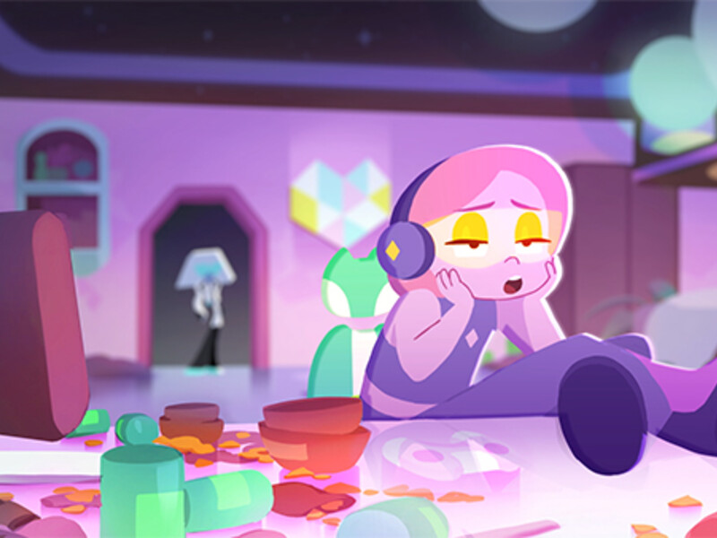 Animated character with headphones sits on a cluttered floor surrounded by food and bowls within a modern, softly lit room.