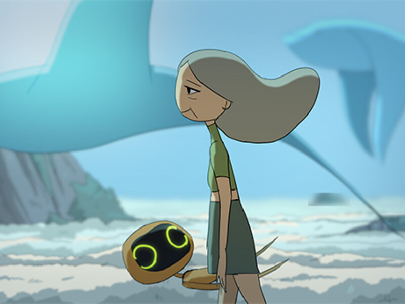 Animated scene of a girl with gray hair walking, holding a floating round device with green eyes, with two giant blue whale-like creatures in the sky.