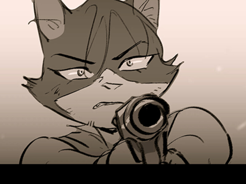 Animated cat character aiming a gun.