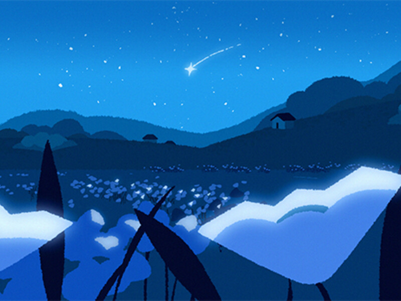 Night countryside scene with glowing flowers, hills, stars, and a shooting star.