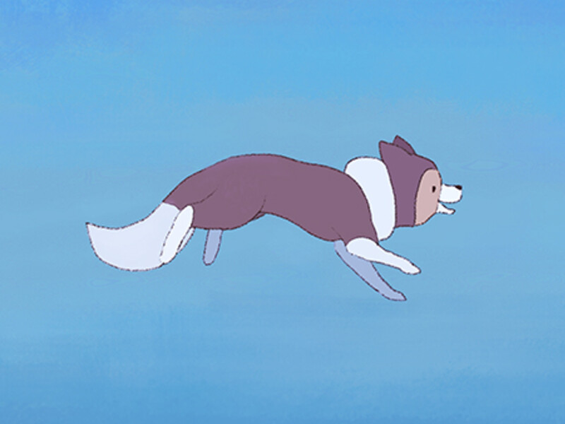 Animated brown and white dog mid-jump against a blue background.